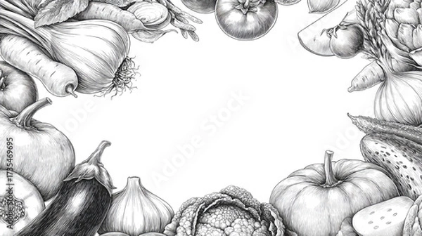Fototapeta A detailed grayscale drawing of various vegetables arranged in a frame