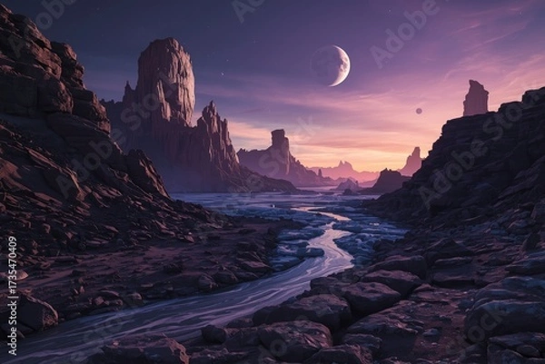 Fototapeta A rocky landscape with a river running through it under a sky with a crescent moon and distant planets