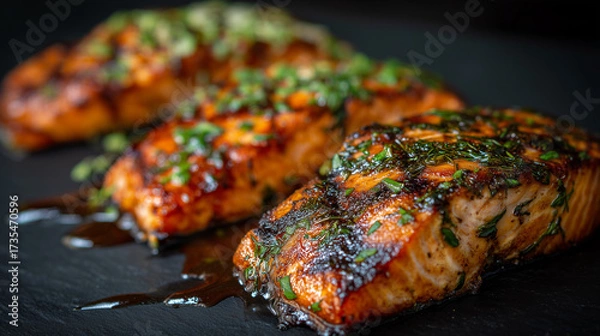 Obraz Grilled salmon fillets with fresh herbs on a dark plate