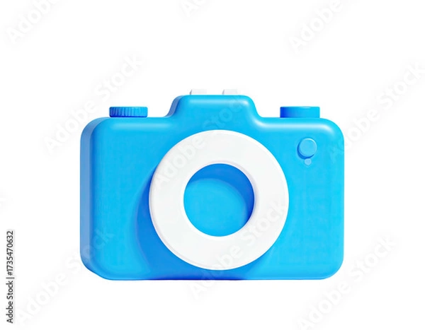 Fototapeta A vibrant, stylized 3D blue camera icon with a white lens on a black background