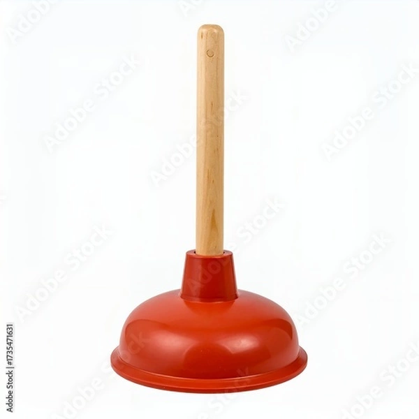 Fototapeta Red Plunger with a wooden handle isolated on white backdrop conveys cleanliness