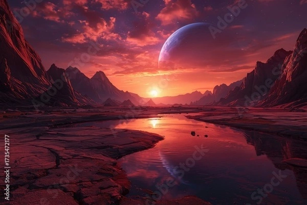 Fototapeta A landscape with a river reflecting the sunset and a planet in the sky with mountains edges around