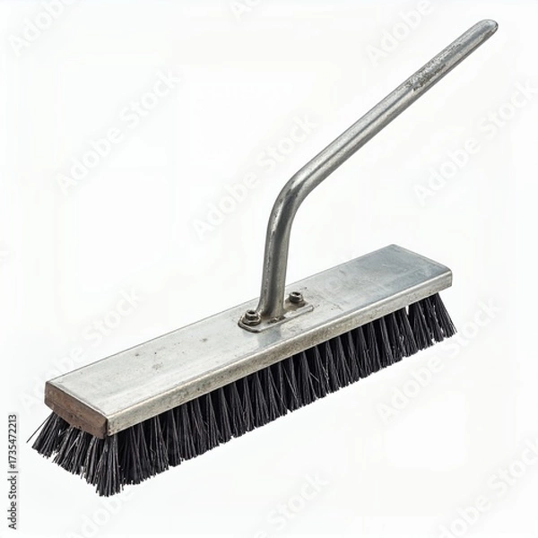 Fototapeta Elevated view of a metal framed push broom featuring dark bristles on white background