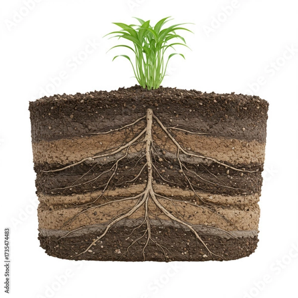 Obraz Detailed Soil Profile with Plant Roots on White, High Resolution 8k Render.