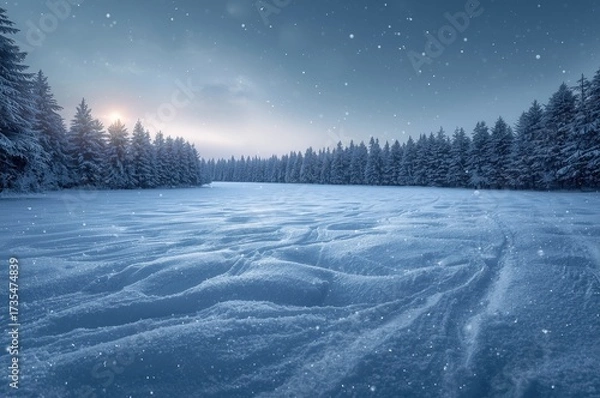 Fototapeta A snowy landscape featuring a field of snow and a forest of trees under a bright sky with snowfall