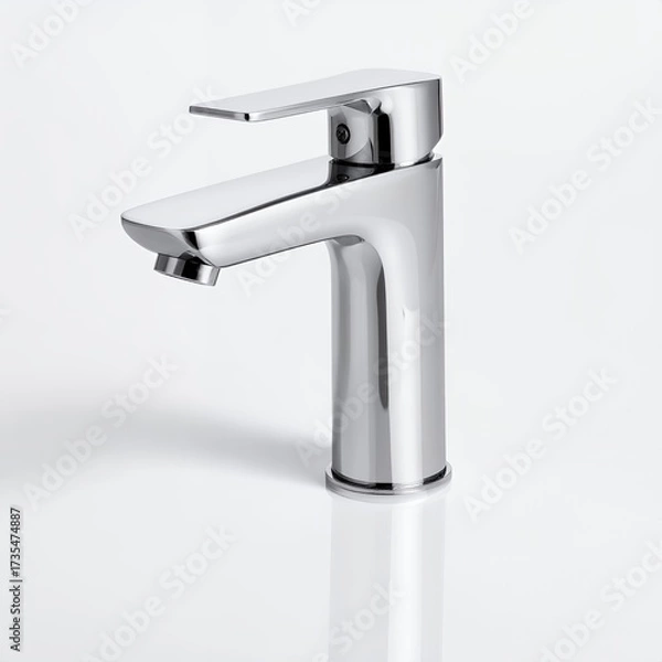 Fototapeta Modern chrome faucet fixture isolated on a seamless white background for bath design