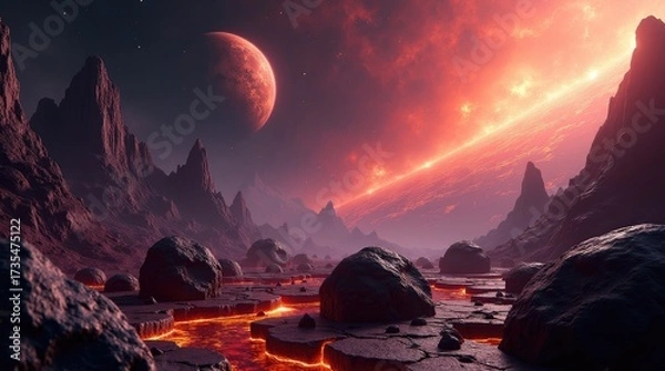 Fototapeta A planet landscape with mountains and lava rivers under a red sky with a moon in the distance