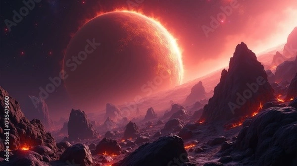 Fototapeta A desolate landscape with rocky formations and a large planet with a fiery aura in the background