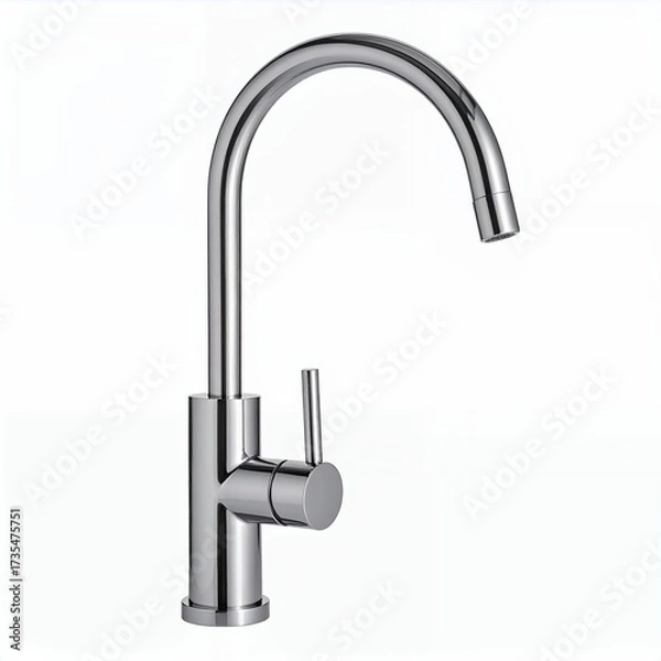 Fototapeta Sleek minimalist silver faucet on pure white backdrop symbolizing modern sanitation