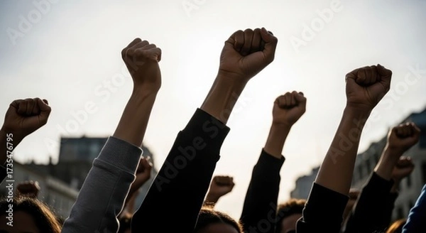Fototapeta Collective power Many fists raised in unity and protest, symbolizing solidarity and demonstration against societal issues in an urban setting with natural light, showcasing determination