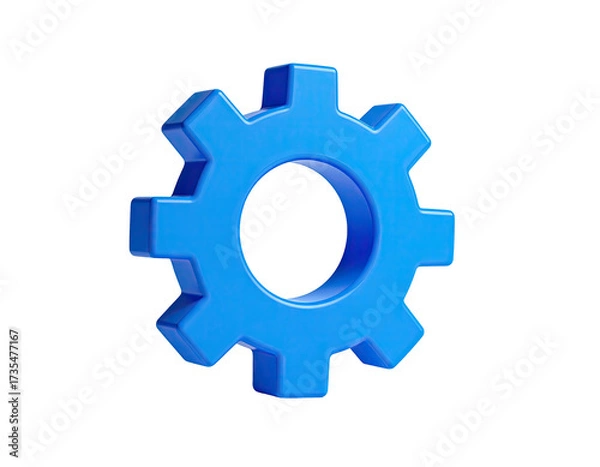 Fototapeta A 3D render of a vibrant blue gear on a stark black background