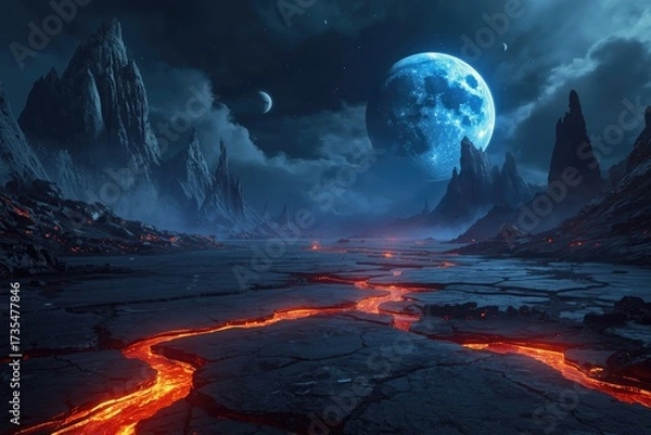 Fototapeta A volcanic landscape with lava flows under a large moon and jagged mountains in the distance