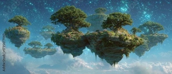 Fototapeta Floating islands adorned with lush greenery under a twinkling starry sky
