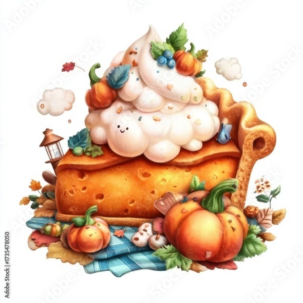 Fototapeta Cozy autumn vibes with a delightful pumpkin pie topped with fluffy whipped cream