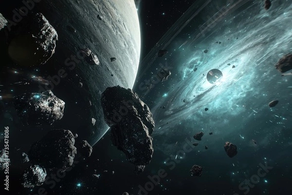 Fototapeta A view of a large planet and asteroids in space with a swirling nebula in the background far away