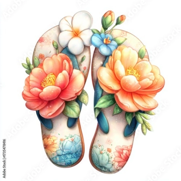 Fototapeta Colorful floral flip-flops resting on a sandy beach, perfect for summer adventures