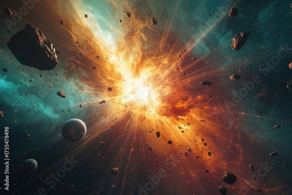 Fototapeta A cosmic scene featuring a bright explosion with planets and asteroids scattered around the galaxy