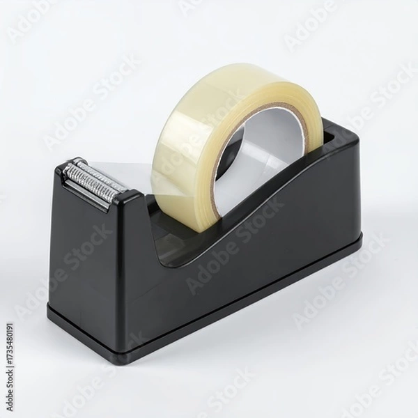 Fototapeta Adhesive tape dispenser with a roll of clear tape on white background surface
