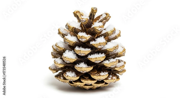 Fototapeta Macro of Golden Pinecone with Snow on White Background