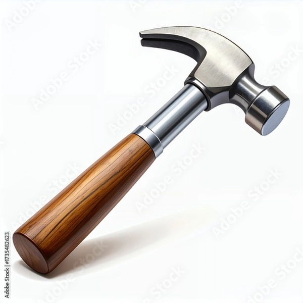 Fototapeta Shiny metal hammer with wooden handle isolated on a clean white backdrop