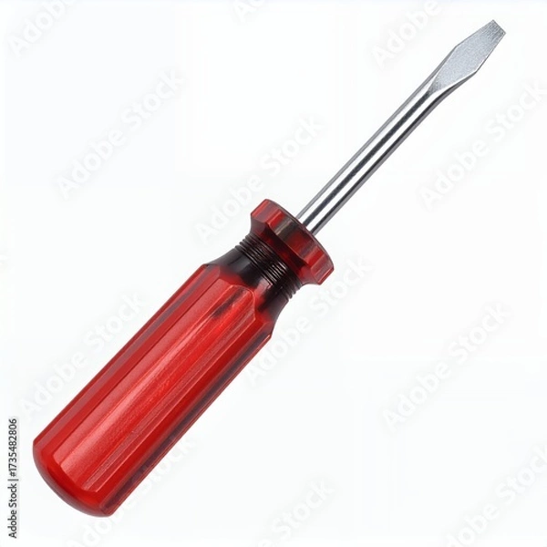 Fototapeta Close-up of a screwdriver featuring a red handle on a crisp white backdrop