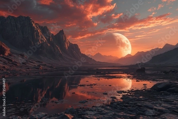 Fototapeta A landscape view of mountains and water reflecting a sunset with a moon in the distance sky view