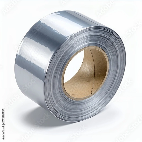 Fototapeta Reflective tape roll with a smooth silver surface isolated on a clean white background