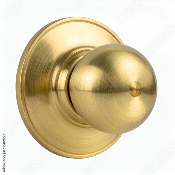 Fototapeta Close-up of a spherical, brushed golden doorknob set against white background