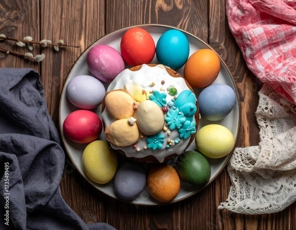 Obraz Colorful Easter Eggs and Bread on Wooden Table.