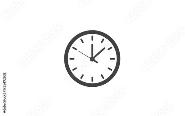 Fototapeta Simple dark gray clock icon with hour and minute hands on a white background, indicating time.