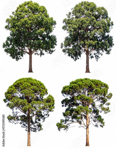 Fototapeta Four lush green trees with brown trunks and dense foliage canopy