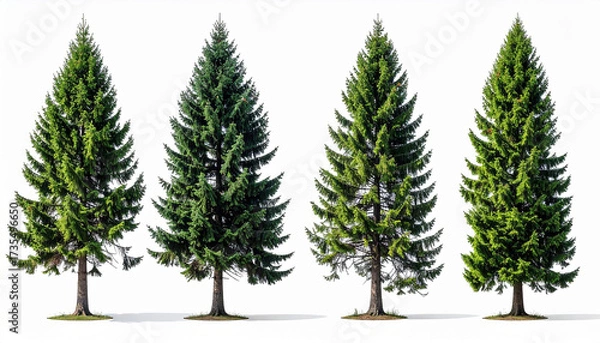 Fototapeta Four tall evergreen trees with dense green foliage coniferous trees forest