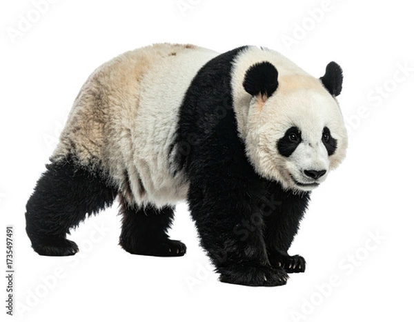 Obraz A standing giant panda, featuring black and white fur, against a plain backdrop