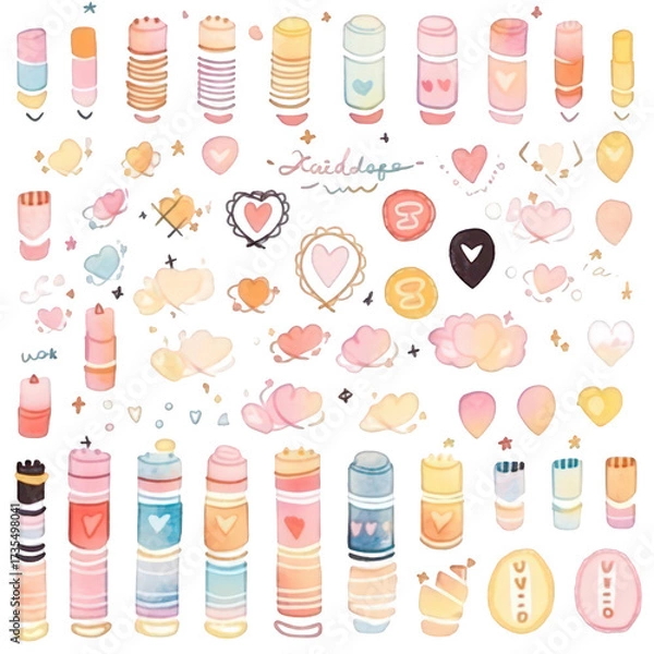 Fototapeta Watercolor Themed Stickers Collection with Hearts and Circular Elements on Black Background for Scrapbooking and Decorative Projects Featuring Delicate Brushstrokes and Pastel Colors