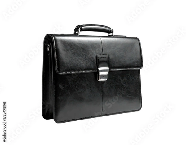 Obraz Classic, glossy black leather briefcase with metallic clasp, handle, and stitching