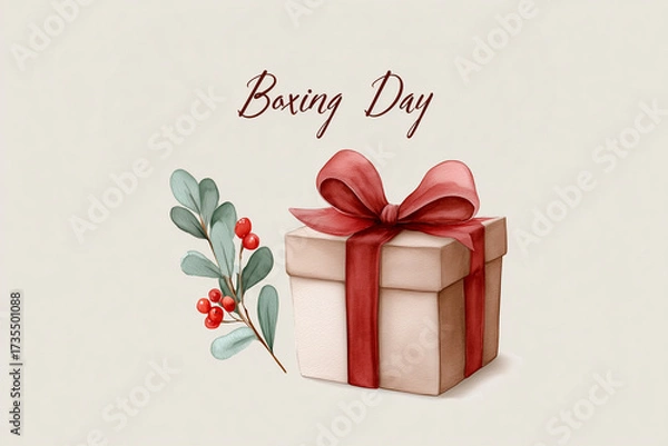 Fototapeta Boxing Day gift box with red ribbon and accompanying botanical sprig, soft beige background, elegant and festive.