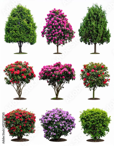 Fototapeta Green and flowering trees with pink and red blossoms rhododendron