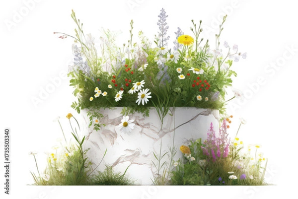 Fototapeta Floral Display with White Stone Planter Filled with Daisies Delphinium and Wildflowers on Transparent Background