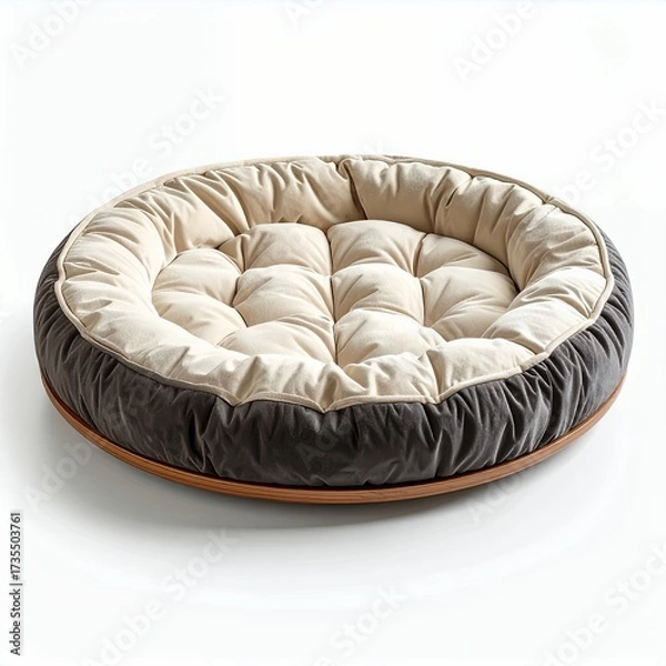 Fototapeta Comfortable cushioned pet bed with neutral tones, resting on a white background