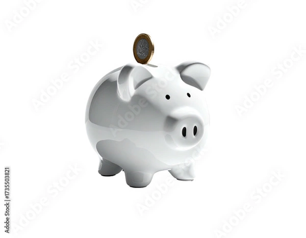 Obraz Glossy white ceramic piggy bank with a coin dropping in. Isolated on black