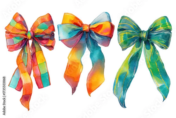 Fototapeta Three Watercolor Bows with Vivid Colors on Transparent Background Festive Celebration Decorative Element Scrapbooking Invitation Designs Textile Prints Graphic Arts and Crafts