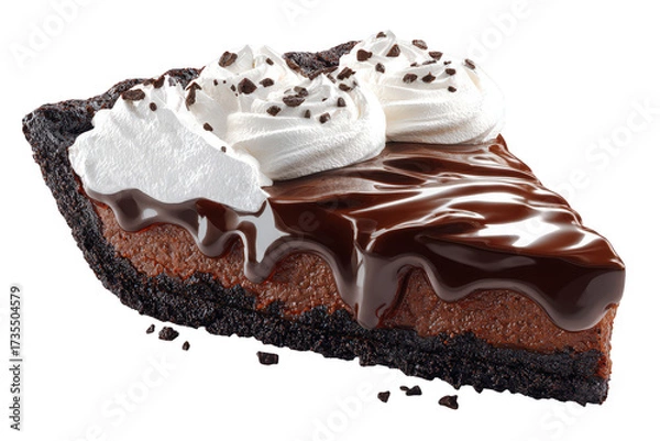 Fototapeta Decadent Chocolate Pie Slice with Whipped Cream and Drizzled Ganache on Transparent Background Isolated Closeup