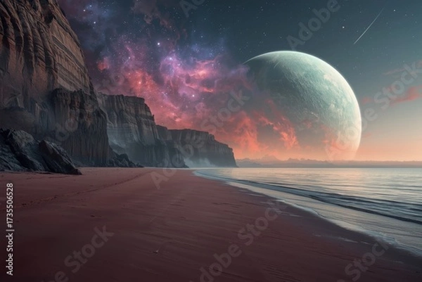 Fototapeta A beach with cliffs and a large planet visible in the sky with a nebula and a shooting star above