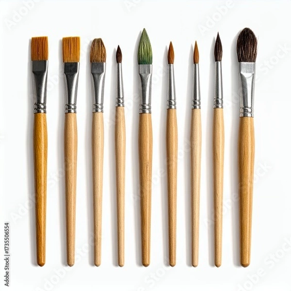 Fototapeta Artistic array: A collection of diverse paintbrushes arranged on a pristine white backdrop