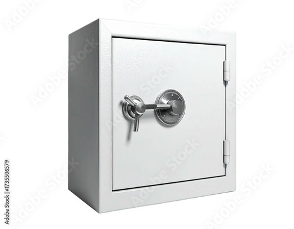 Obraz A white, metallic safe with a handle and key, against a black background