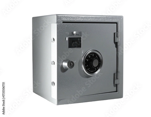 Obraz Gray, sturdy, steel box with locking mechanism, open door, and dial