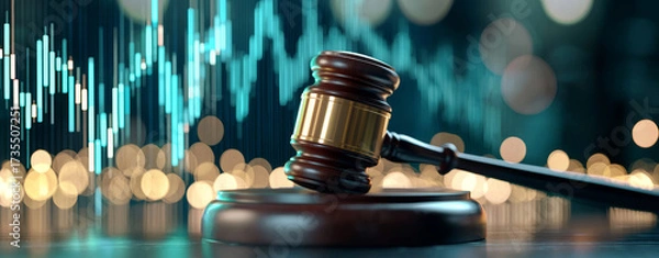 Fototapeta Judicial gavel symbolizes justice and legal decisions against a backdrop of fluctuating financial market data with bokeh lights