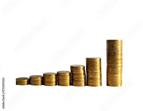 Fototapeta Stacks of gold coins arranged to resemble a growing bar graph on a black background