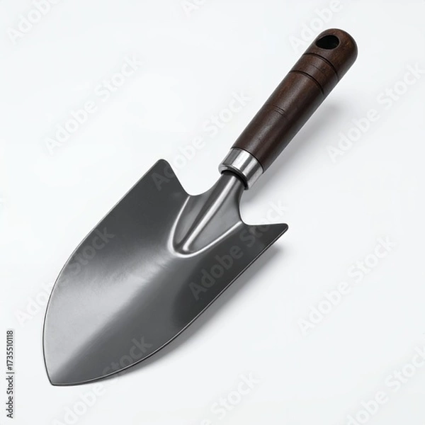 Fototapeta Elevated shot of a garden trowel with a wooden handle against a plain white backdrop