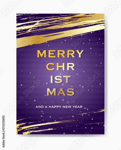 Fototapeta A festive card with the message 'Merry Christmas and a Happy New Year' in gold text on a purple background with gold decorative accents.